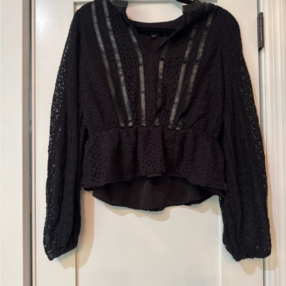 Express Black Lace & Leather Stripe Peplum Blouse
